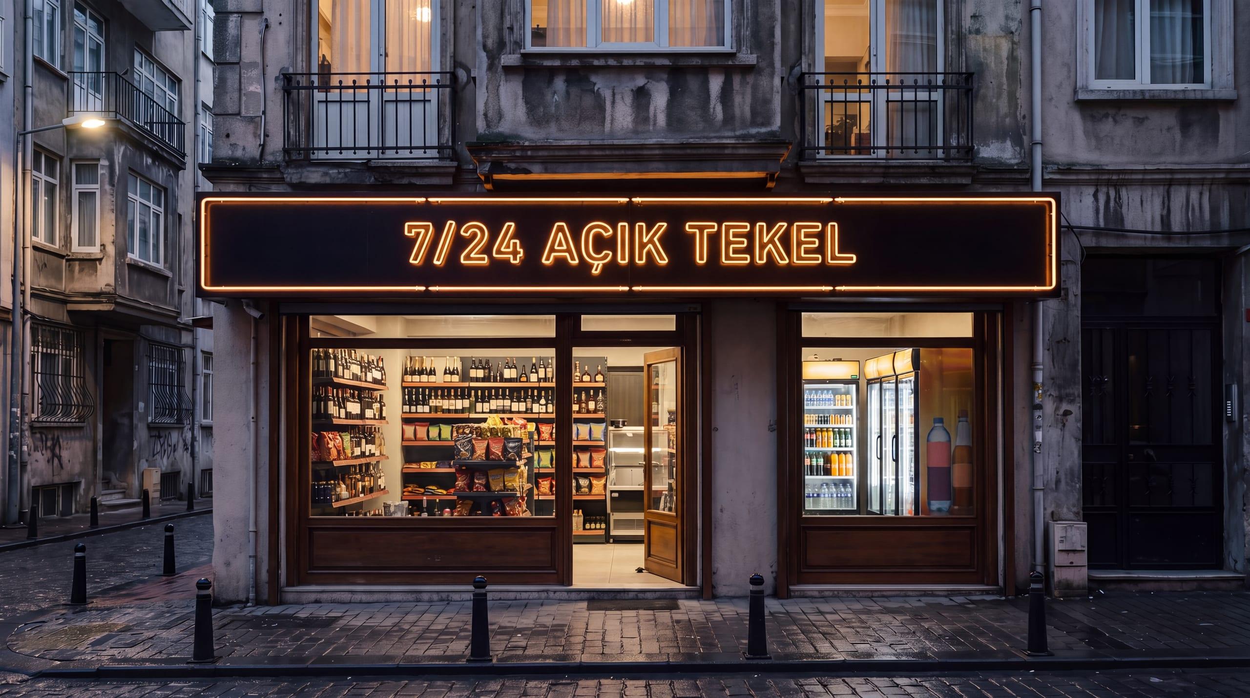 Gece, ıslak arnavut kaldırımlı sokakta "7/24 Açık Tekel" neon tabelalı dükkân cephesi